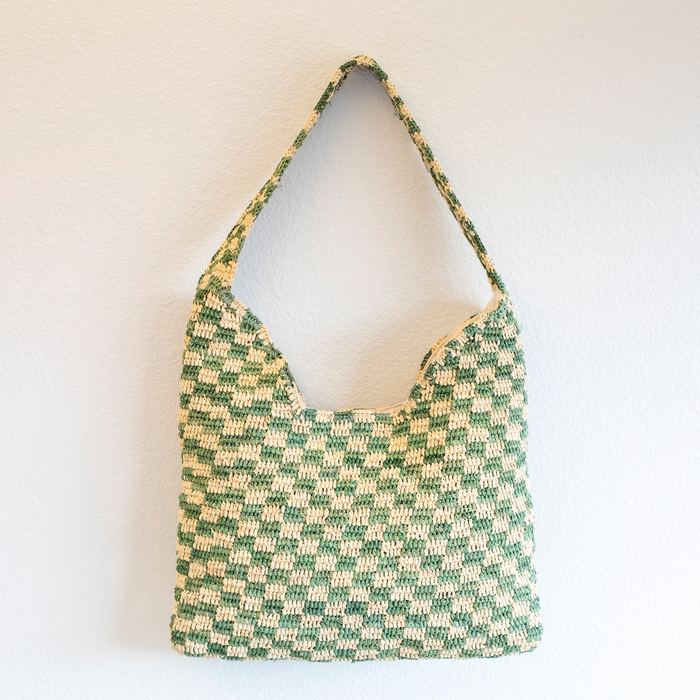 Green Checkered Raffia Shoulder Tote