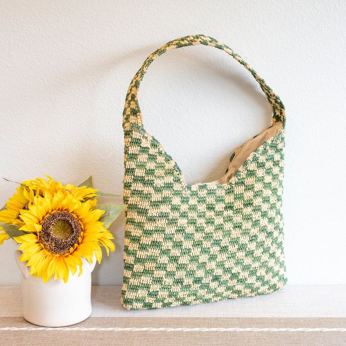 Green Checkered Raffia Shoulder Tote