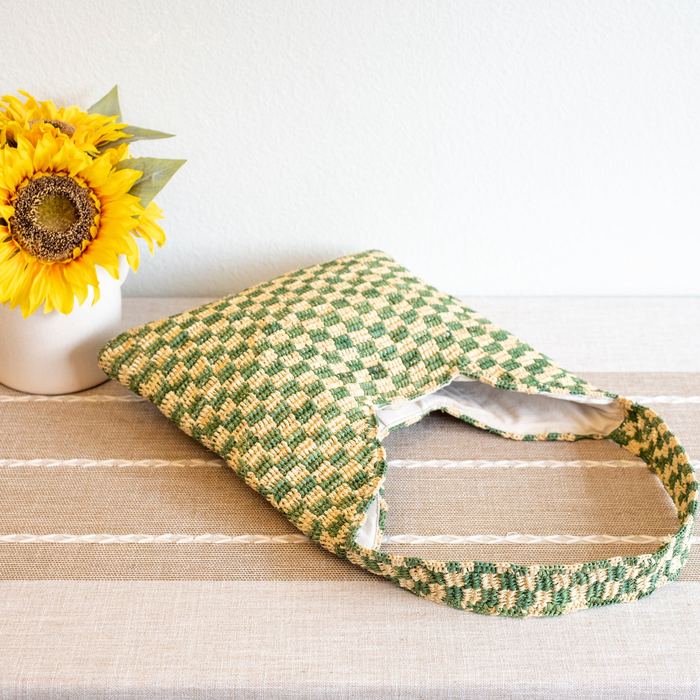 Green Checkered Raffia Shoulder Tote