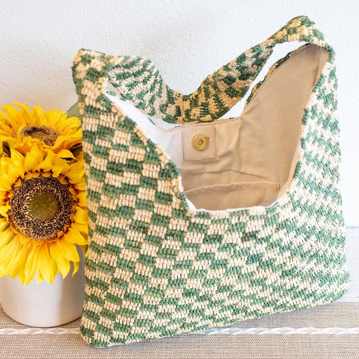 Green Checkered Raffia Shoulder Tote