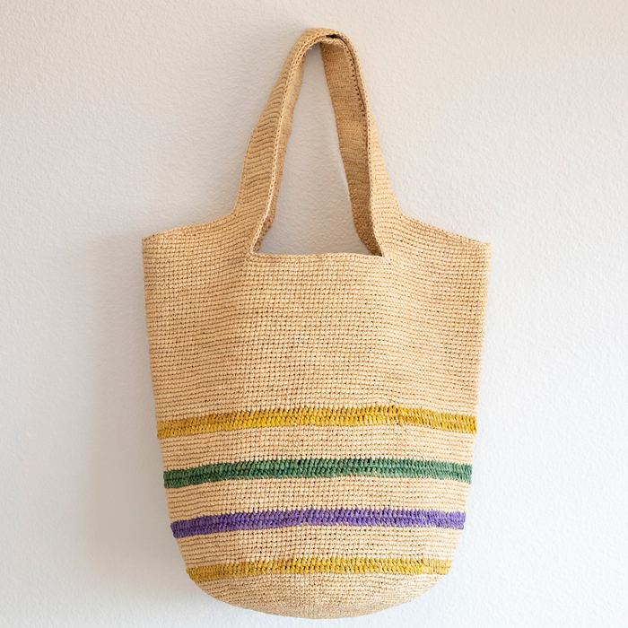Large Raffia Shoulder Tote with Colorful Lower Stripes