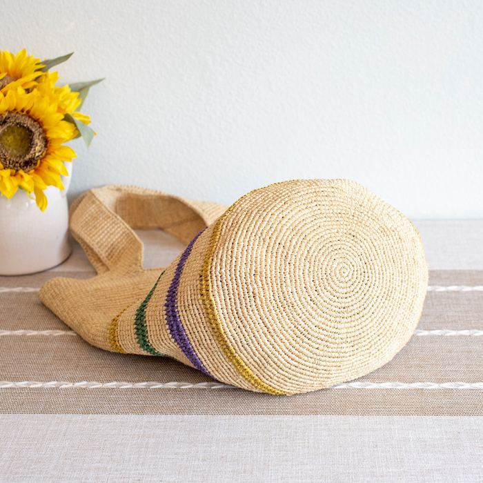 Large Raffia Shoulder Tote with Colorful Lower Stripes