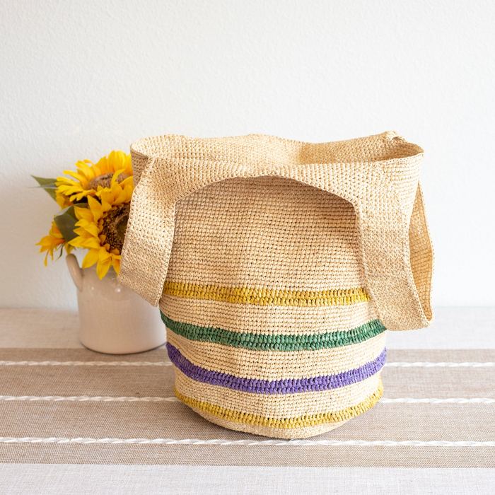 Large Raffia Shoulder Tote with Colorful Lower Stripes