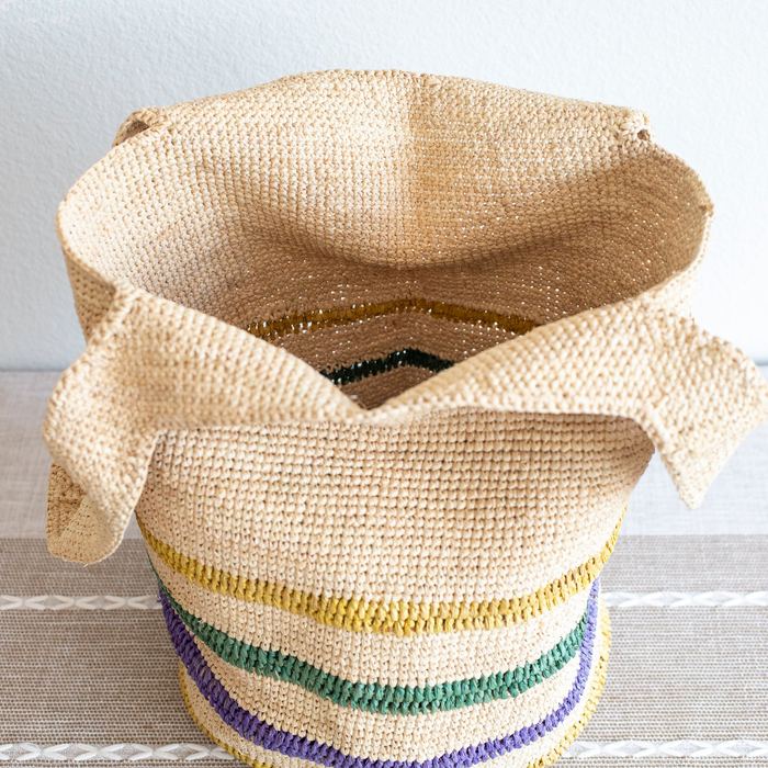 Large Raffia Shoulder Tote with Colorful Lower Stripes