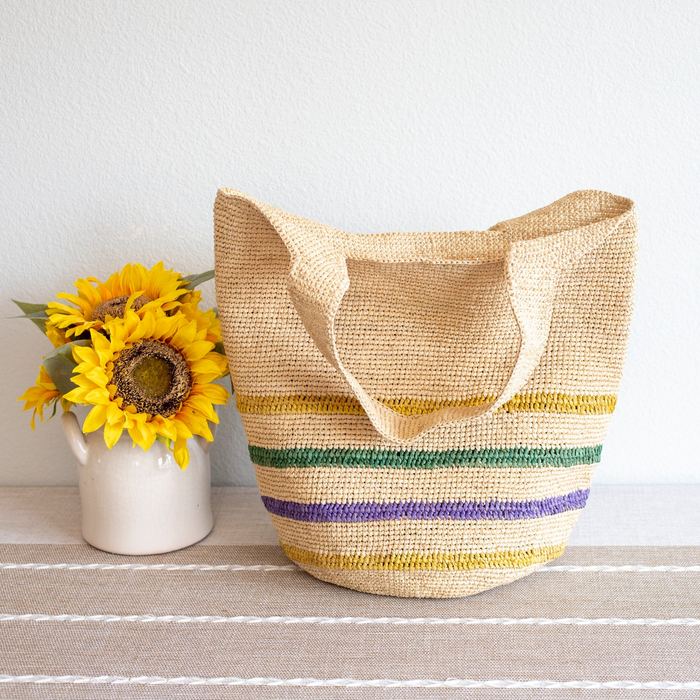 Large Raffia Shoulder Tote with Colorful Lower Stripes
