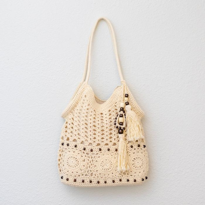 Openwork Crochet Hobo Tote with Tassel and Wooden Bead