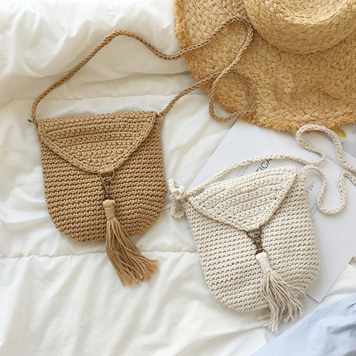 Mini Crochet Crossbody Purse with Curved Flap and Tassel