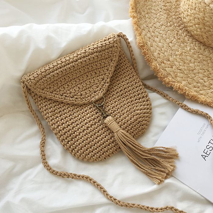 Mini Crochet Crossbody Purse with Curved Flap and Tassel