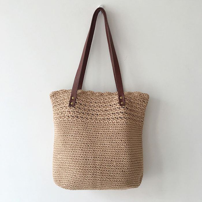 Textured Crochet Tote with Slim Brown Shoulder Handles