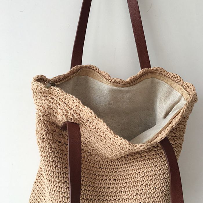 Textured Crochet Tote with Slim Brown Shoulder Handles