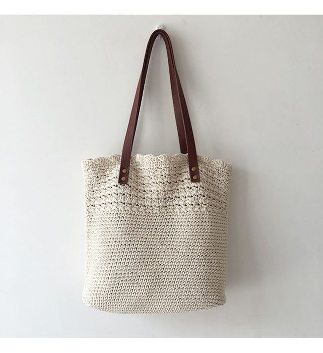 Textured Crochet Tote with Slim Brown Shoulder Handles