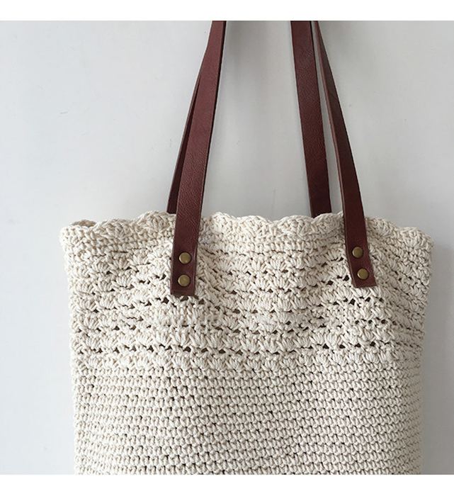 Textured Crochet Tote with Slim Brown Shoulder Handles