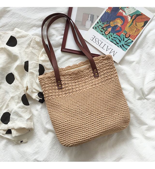 Textured Crochet Tote with Slim Brown Shoulder Handles