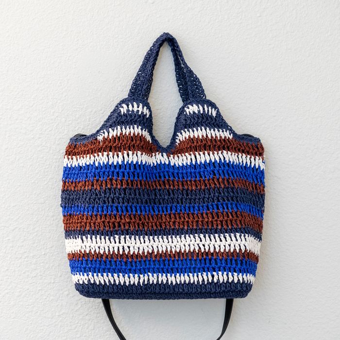 Blue Striped Straw Tote with Woven Handles