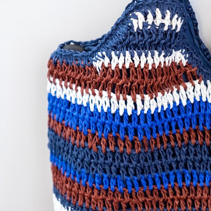 Blue Striped Straw Tote with Woven Handles