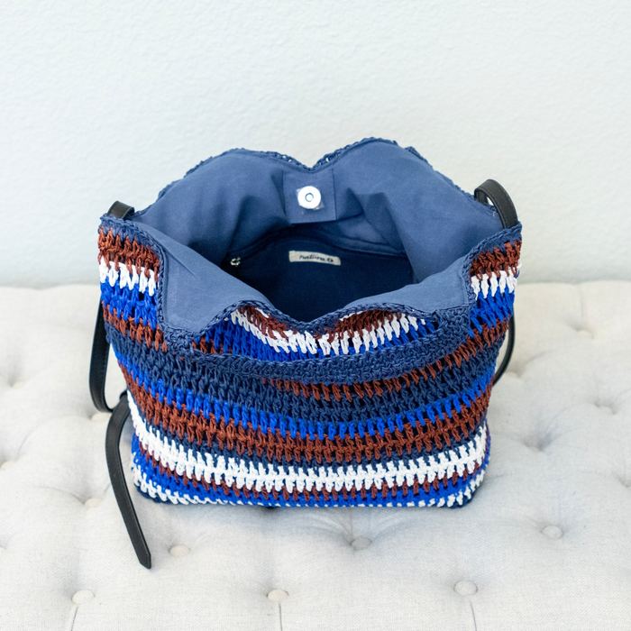 Blue Striped Straw Tote with Woven Handles