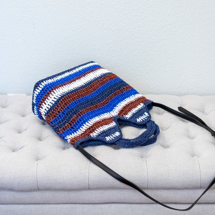 Blue Striped Straw Tote with Woven Handles
