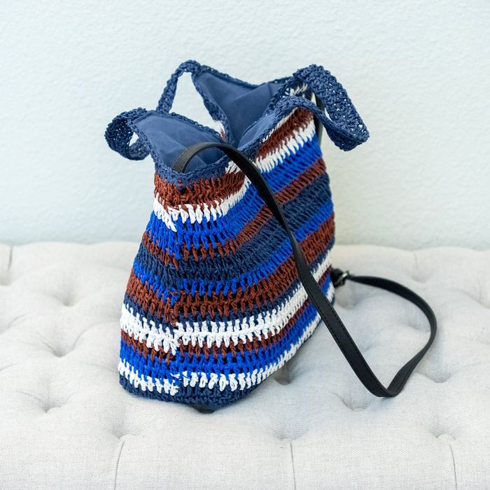 Blue Striped Straw Tote with Woven Handles