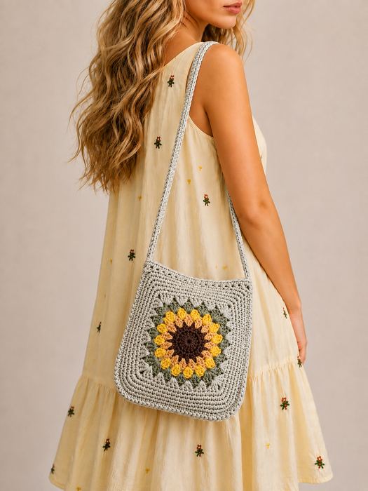 Sunflower Crochet Crossbody Purse with Square Silhouette
