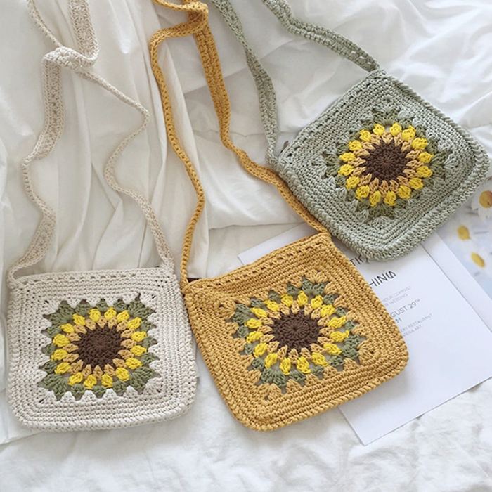 Sunflower Crochet Crossbody Purse with Square Silhouette