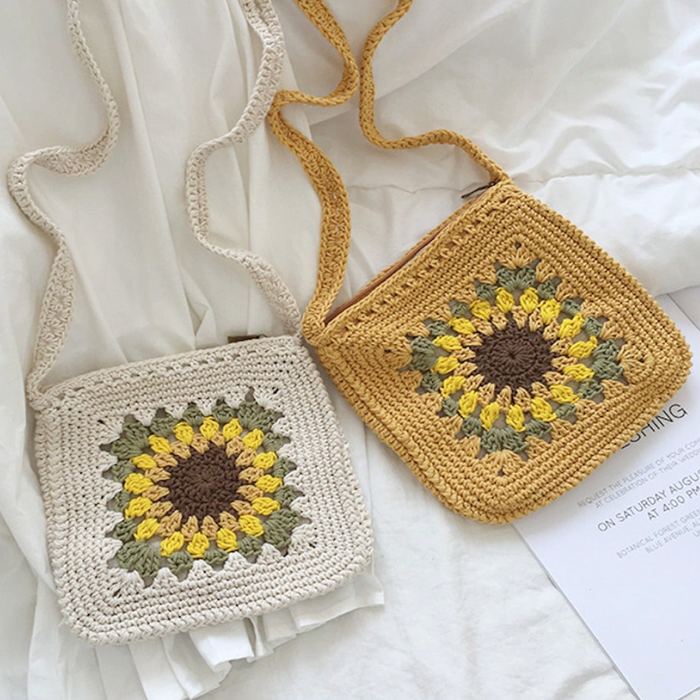 Sunflower Crochet Crossbody Purse with Square Silhouette