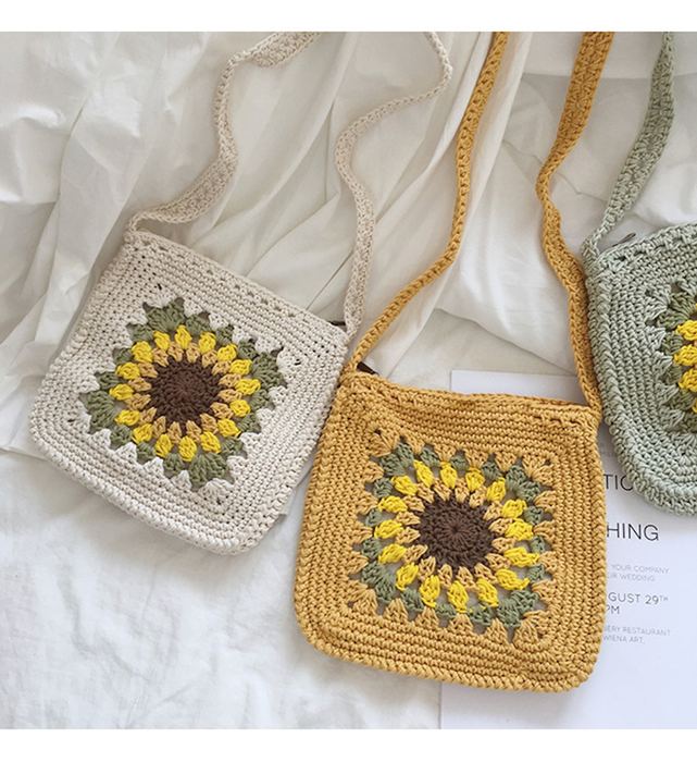 Sunflower Crochet Crossbody Purse with Square Silhouette