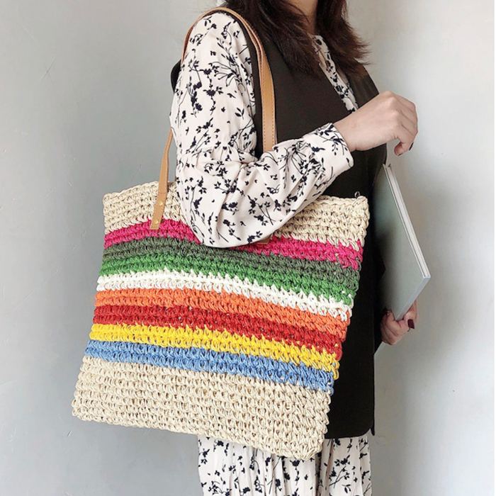 Large Rainbow-Striped Straw Shoulder Tote