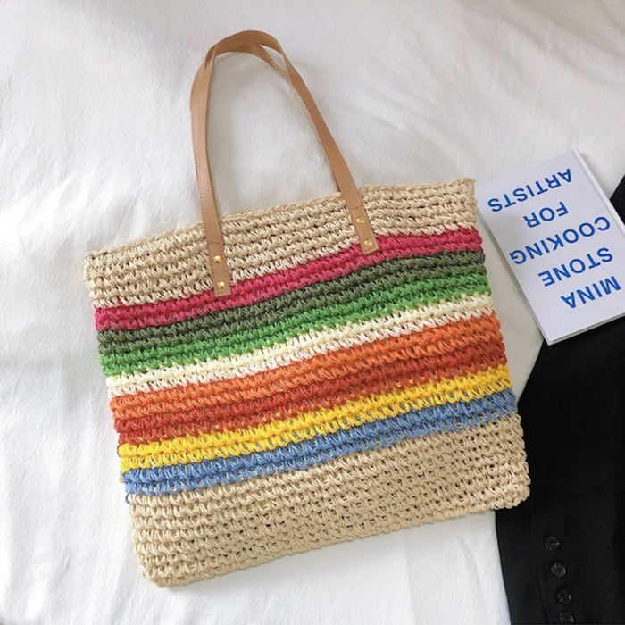 Large Rainbow-Striped Straw Shoulder Tote