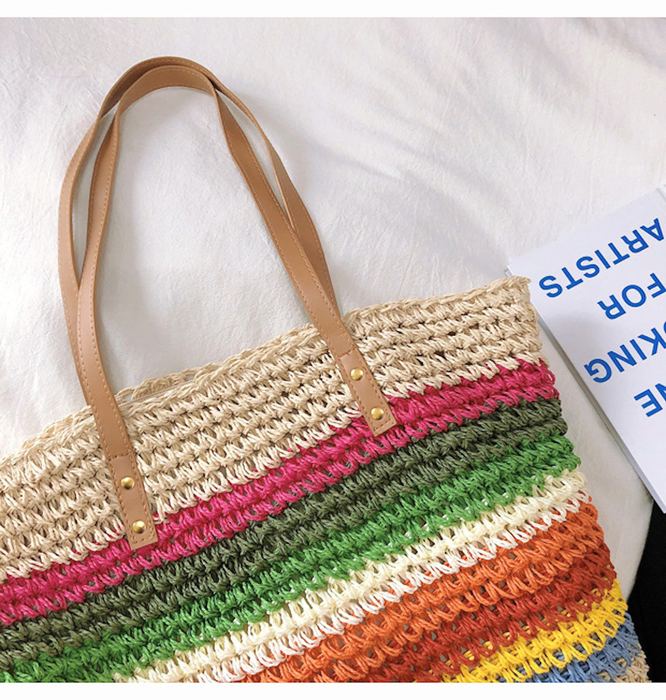 Large Rainbow-Striped Straw Shoulder Tote