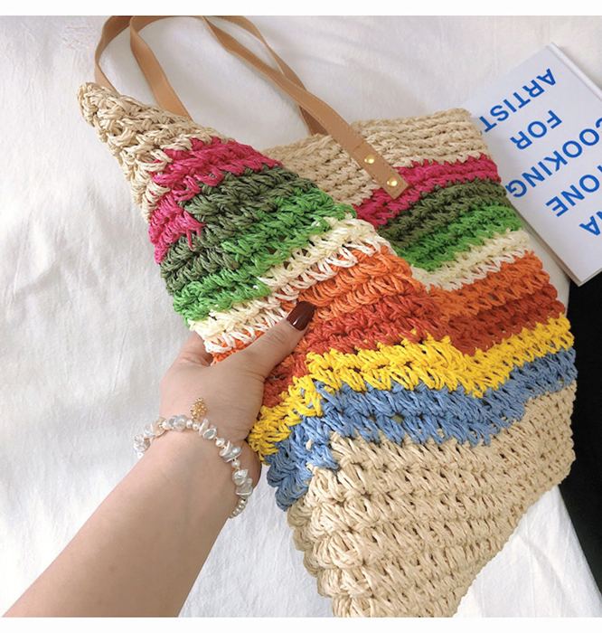Large Rainbow-Striped Straw Shoulder Tote