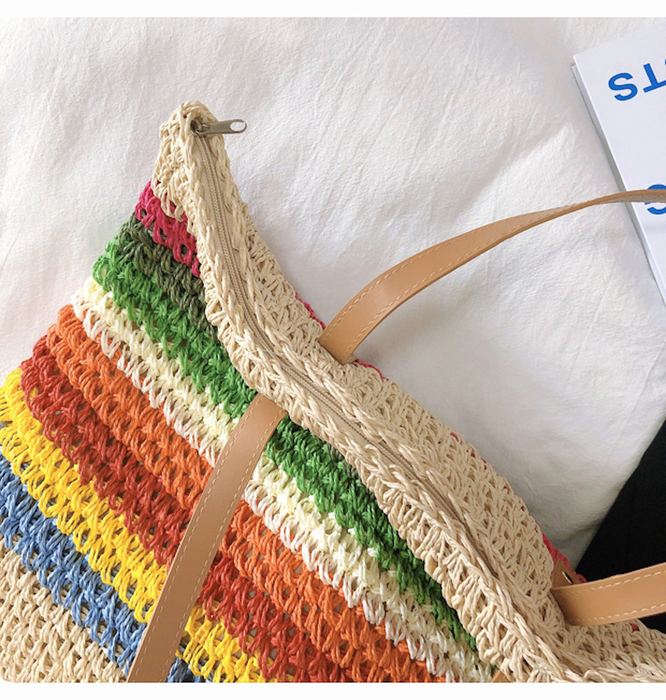 Large Rainbow-Striped Straw Shoulder Tote