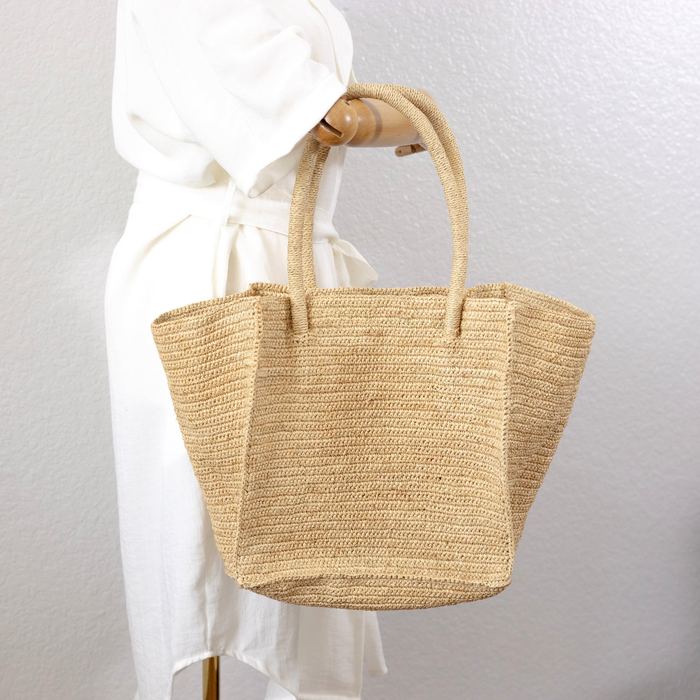 Large Open-Top Straw Tote with Extended Woven Handles