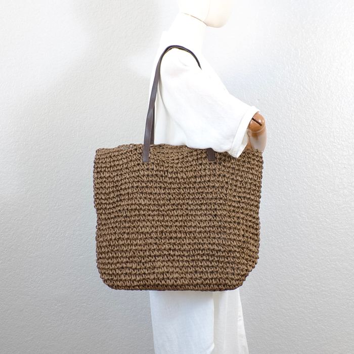 Brown Straw Shoulder Tote with Dark Slim Handles