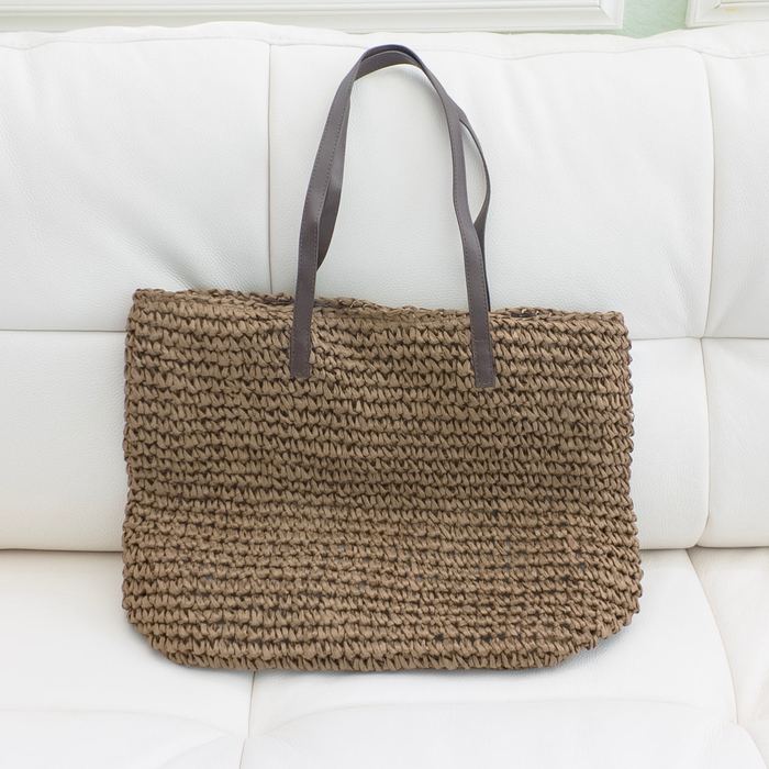 Brown Straw Shoulder Tote with Dark Slim Handles