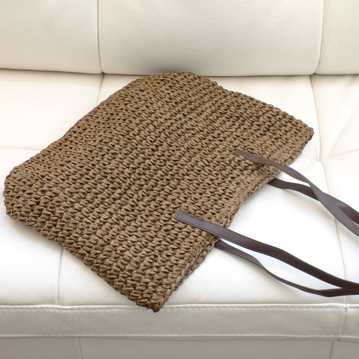 Brown Straw Shoulder Tote with Dark Slim Handles