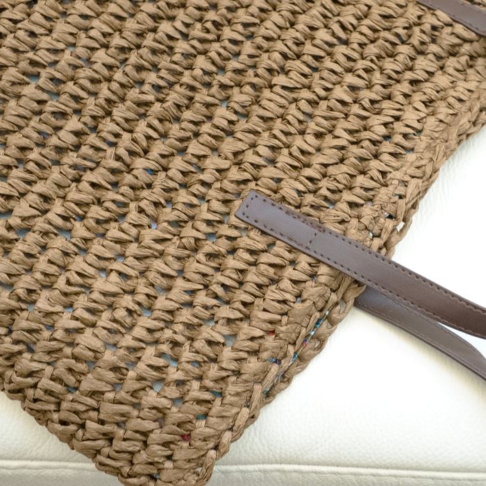 Brown Straw Shoulder Tote with Dark Slim Handles