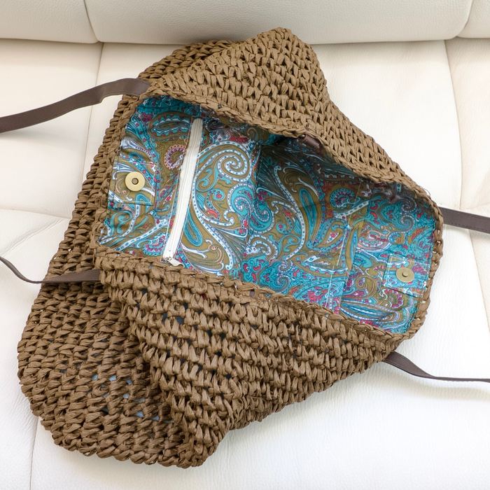 Brown Straw Shoulder Tote with Dark Slim Handles