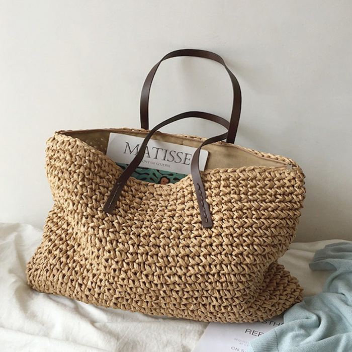 Large Rectangular Straw Tote with Dark Shoulder Handles