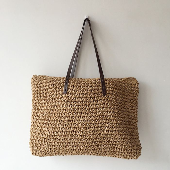Large Rectangular Straw Tote with Dark Shoulder Handles