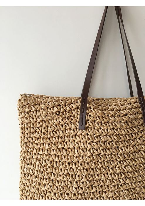 Large Rectangular Straw Tote with Dark Shoulder Handles