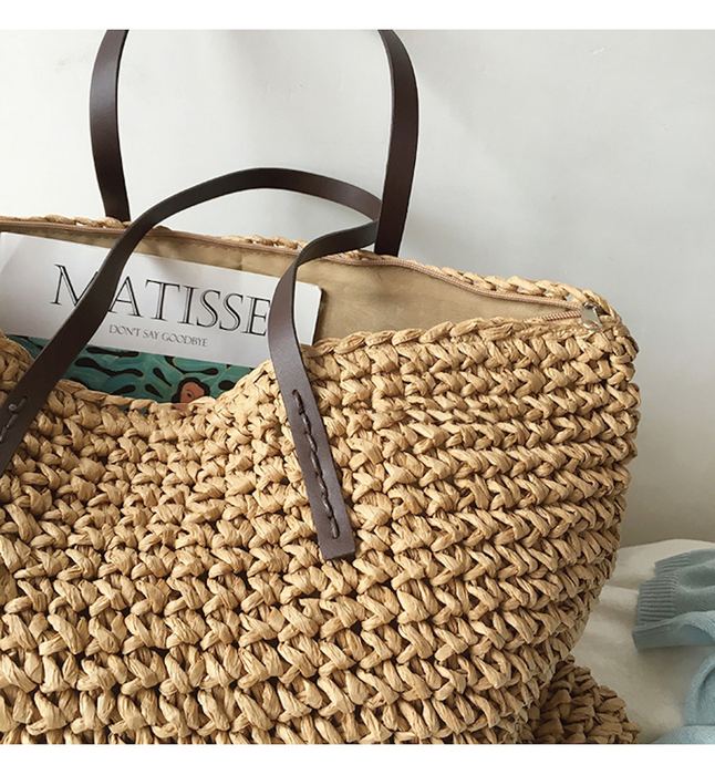 Large Rectangular Straw Tote with Dark Shoulder Handles