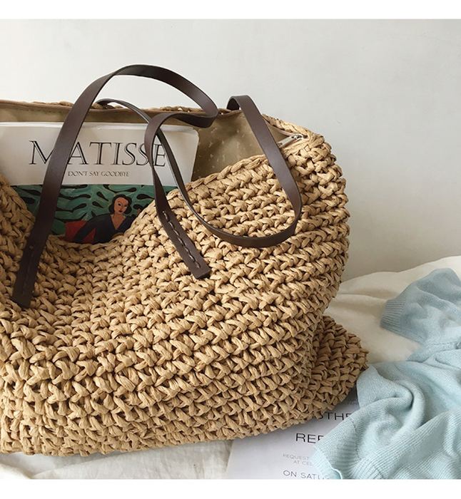 Large Rectangular Straw Tote with Dark Shoulder Handles