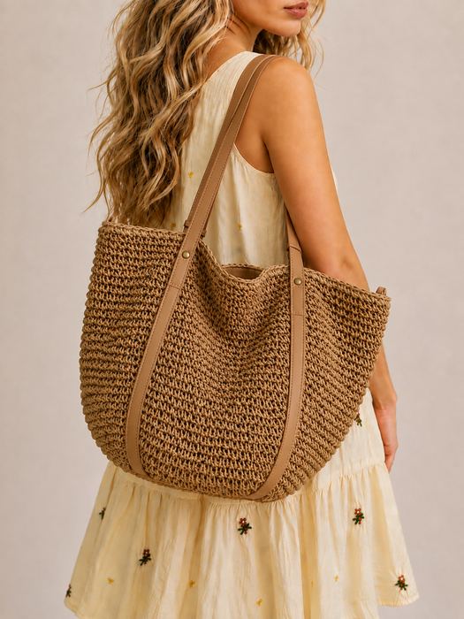Large Rounded Straw Tote with Brown Full-Length Handle Trim