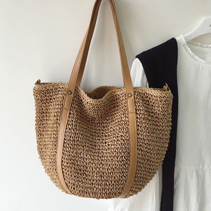 Large Rounded Straw Tote with Brown Full-Length Handle Trim