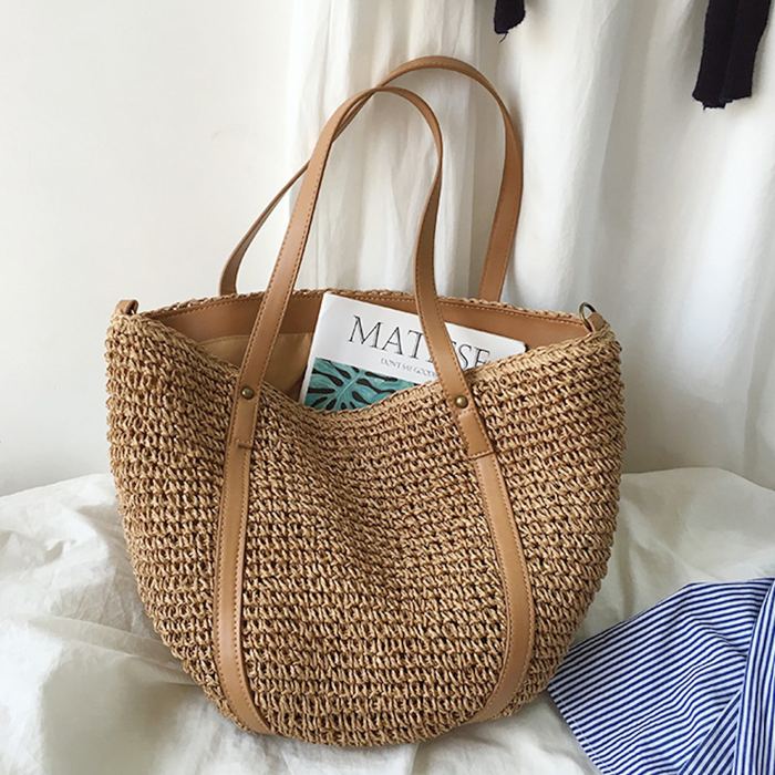 Large Rounded Straw Tote with Brown Full-Length Handle Trim