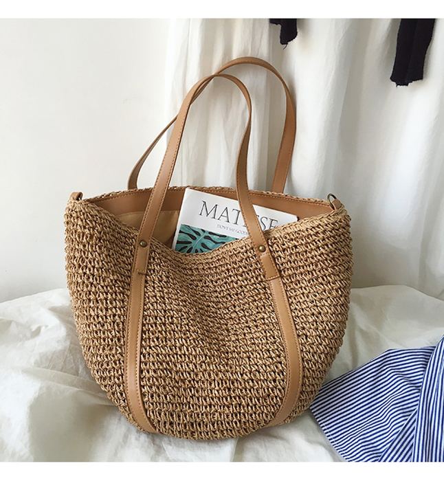 Large Rounded Straw Tote with Brown Full-Length Handle Trim
