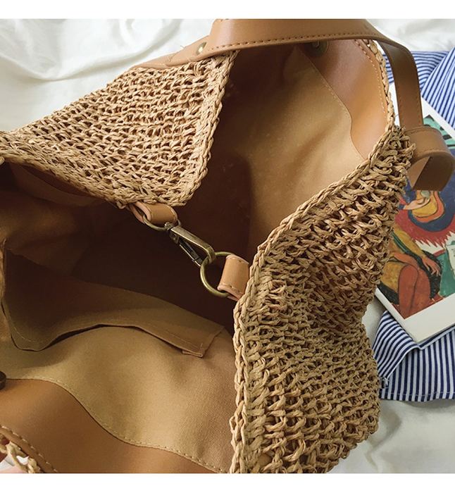 Large Rounded Straw Tote with Brown Full-Length Handle Trim
