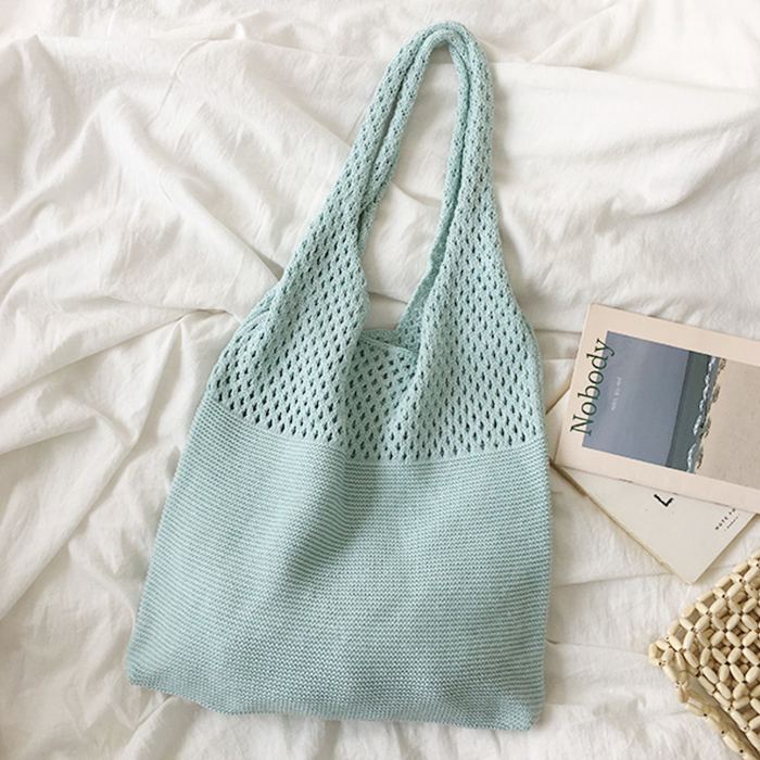 Pastel Cotton Knit Shoulder Tote with Openwork Top Panel