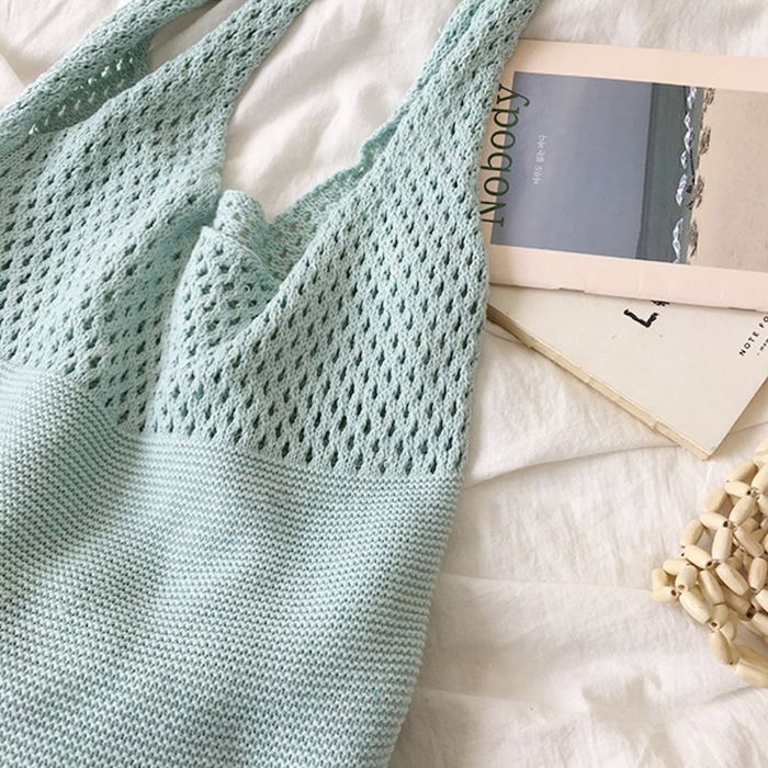 Pastel Cotton Knit Shoulder Tote with Openwork Top Panel