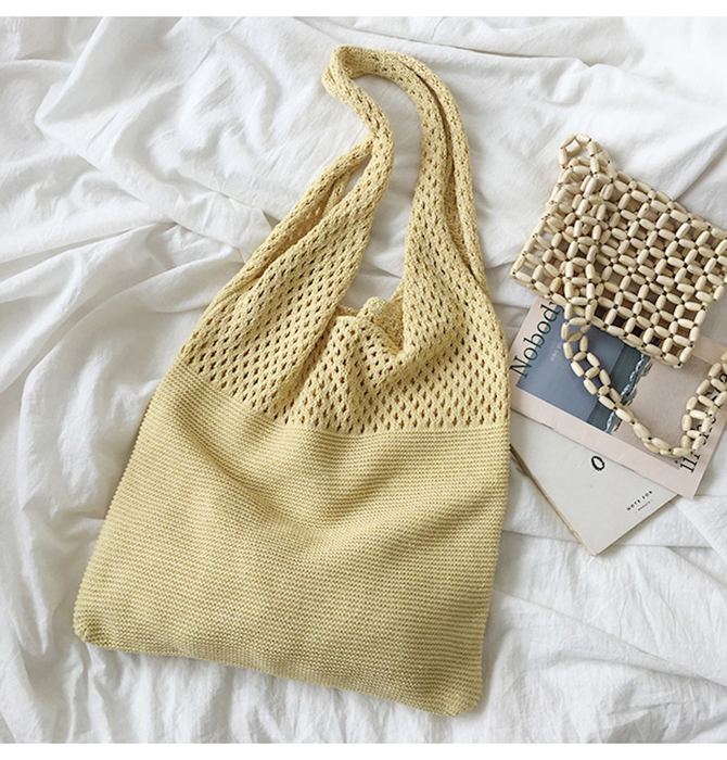 Pastel Cotton Knit Shoulder Tote with Openwork Top Panel